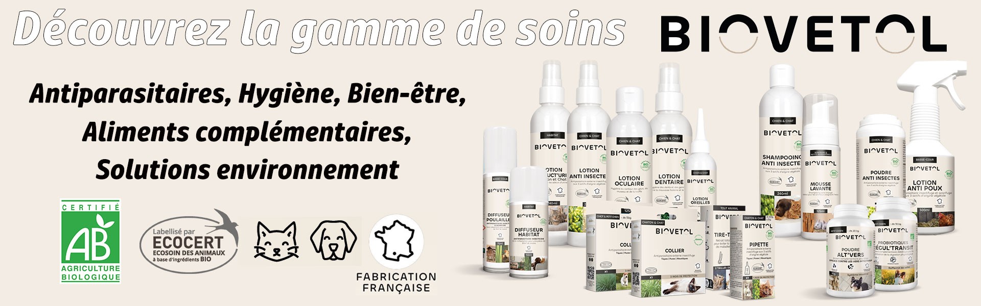 Gamme de produits de soins pour chien, certifiée Ecocert